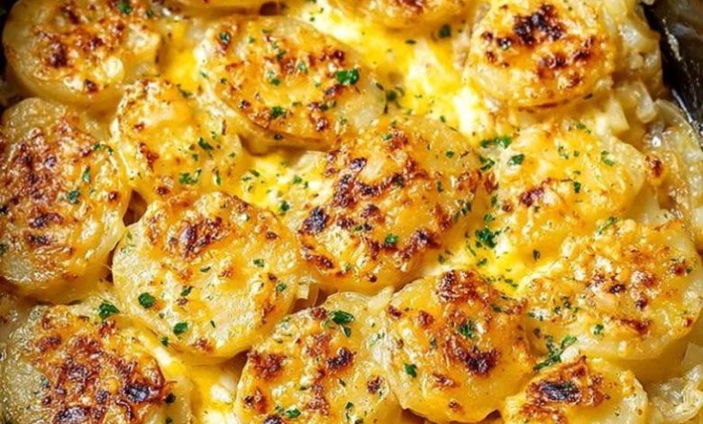 Slow Cooker Cheesy Scalloped Potatoes with tender sliced potatoes, caramelized onions, and melted cheddar cheese.