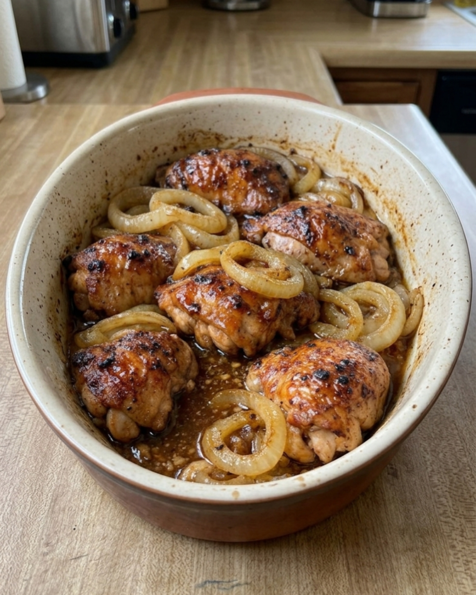 aked chicken thighs with caramelized onion rings and savory pan sauce in a ceramic baking dish.