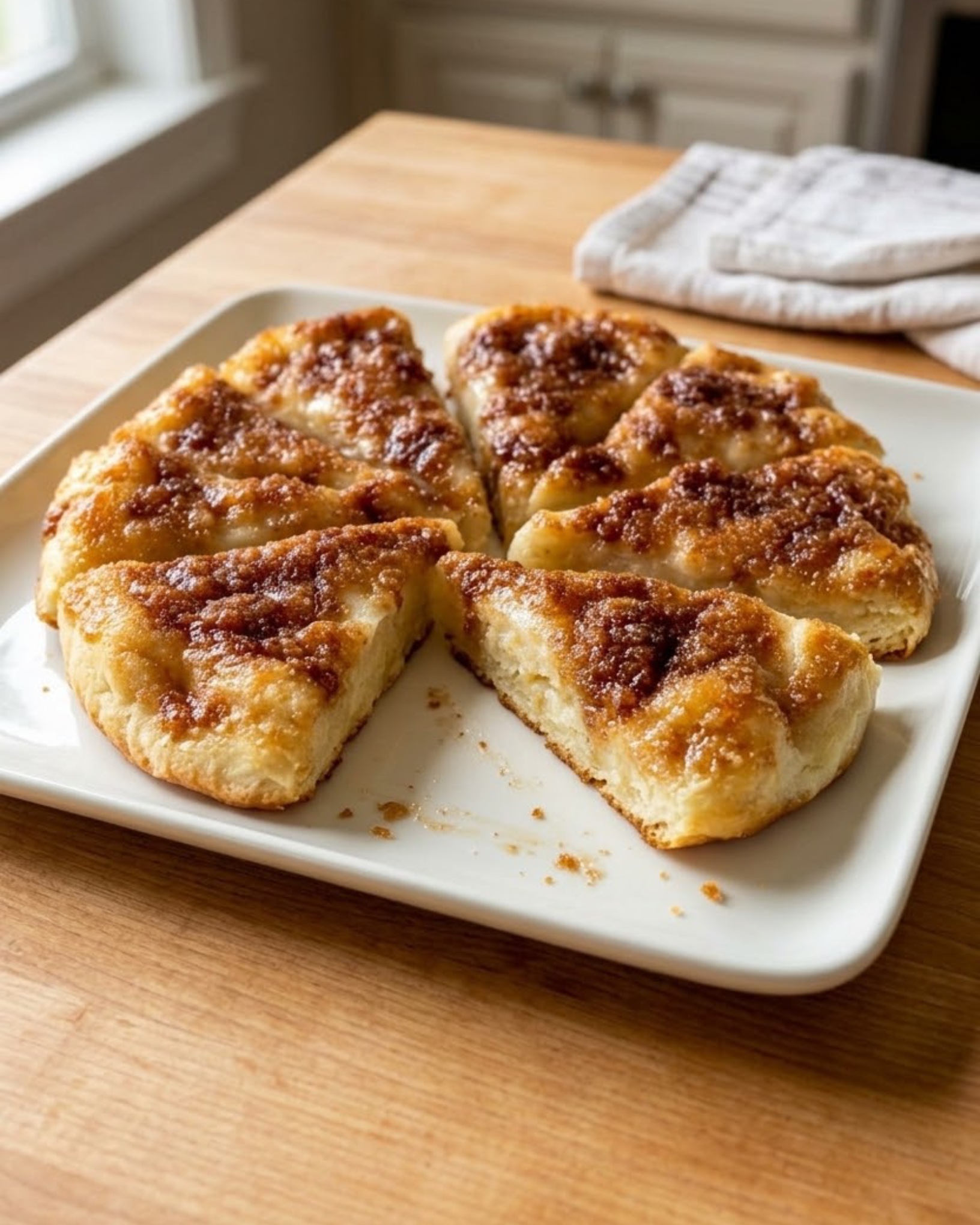 Homemade biscuit wedges topped with buttery caramelized brown sugar and cinnamon.