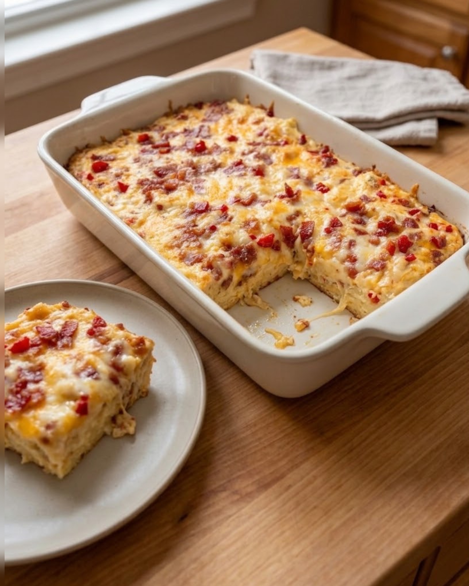 Homemade cheesy bacon and red pepper casserole baked until creamy and golden brown.