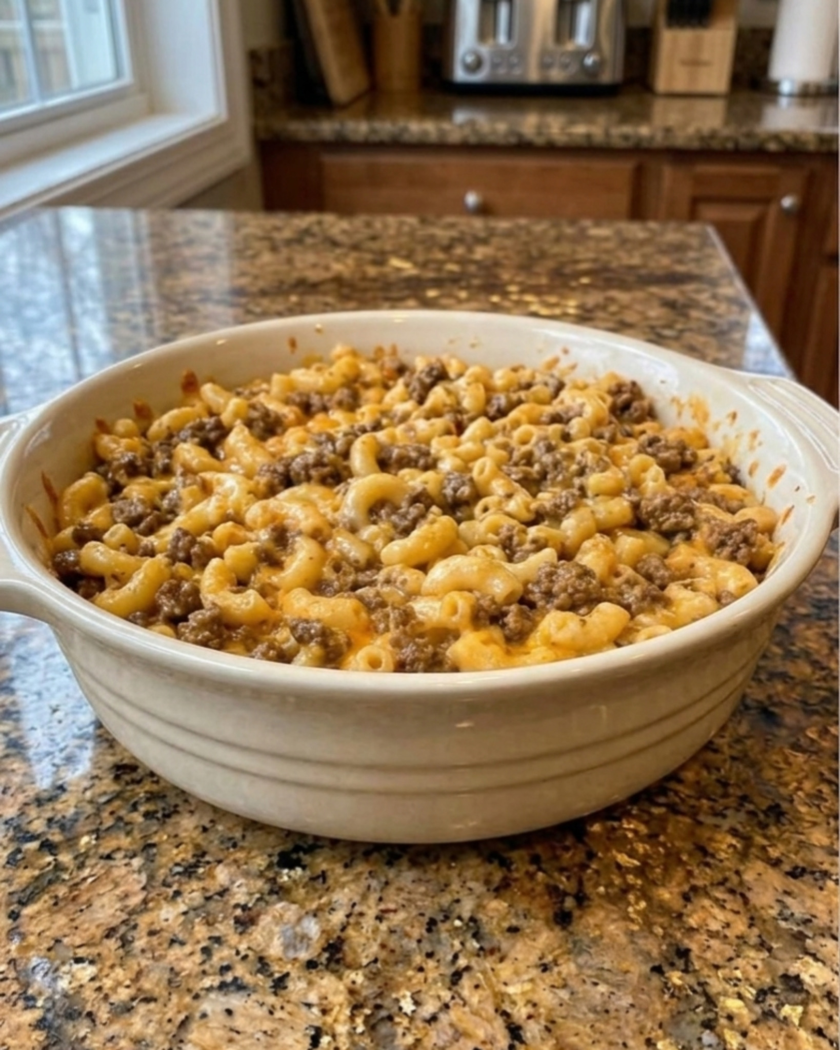 Cheesy beef macaroni skillet with elbow pasta, seasoned ground beef, and melted cheddar cheese in a creamy sauce.