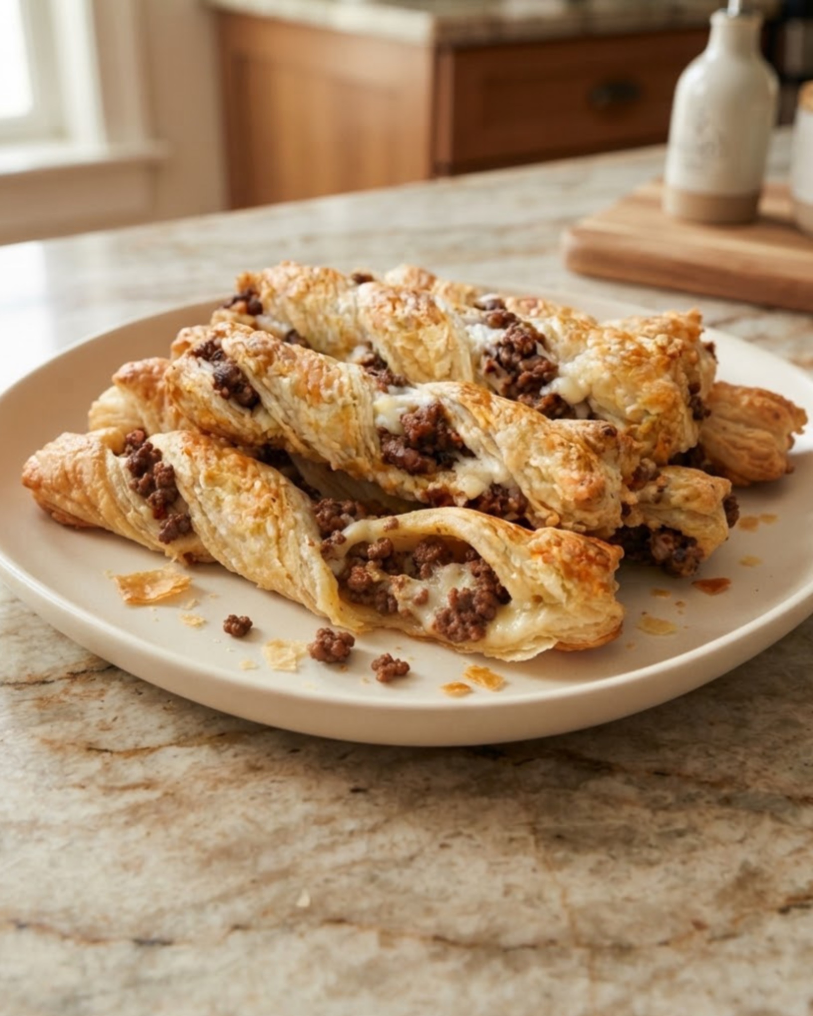 Homemade cheesy beef puff pastry twists filled with seasoned ground beef and melted cheese, baked until golden and flaky.