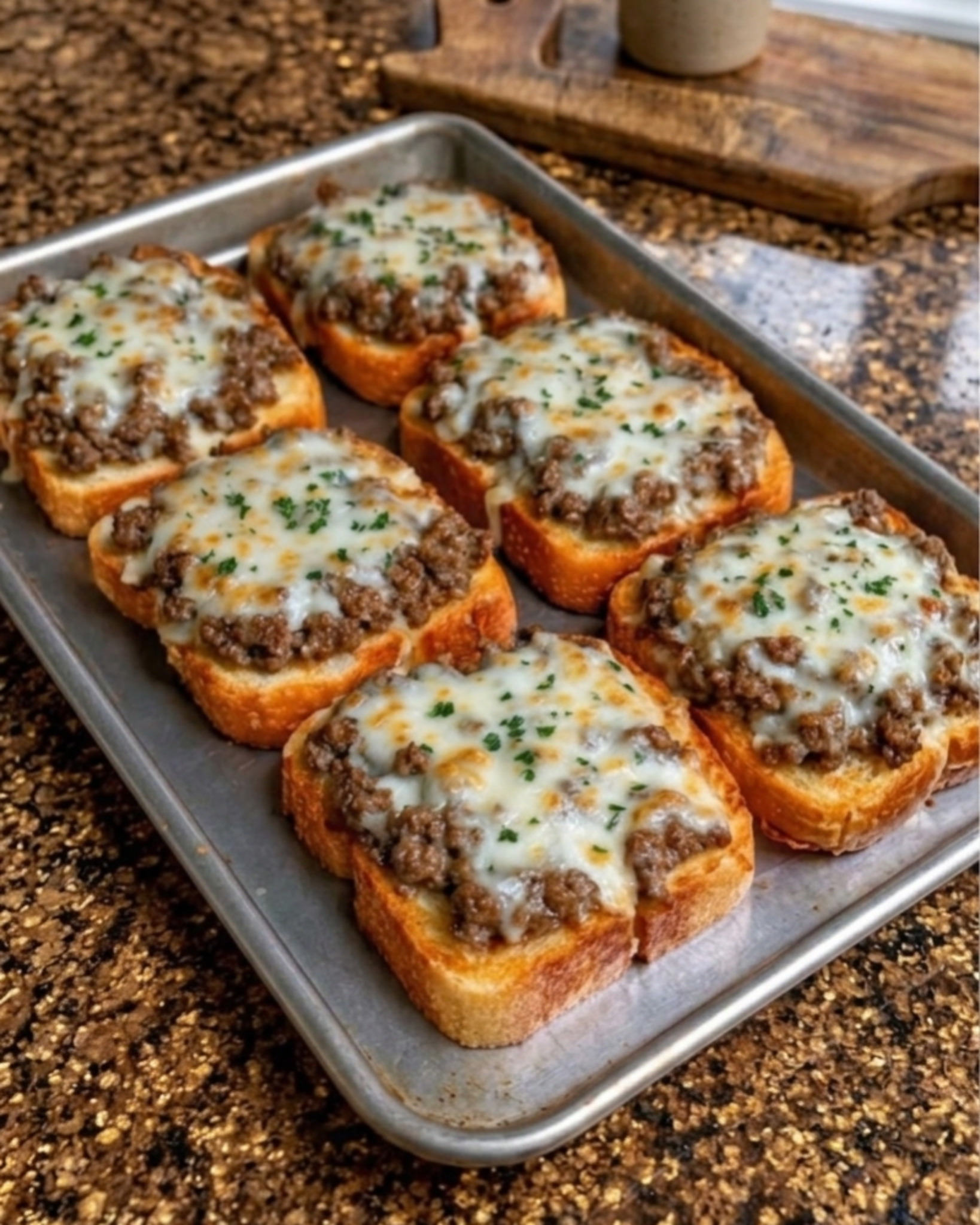 Cheesy ground beef toasts topped with seasoned beef and melted mozzarella cheese on golden toasted bread.