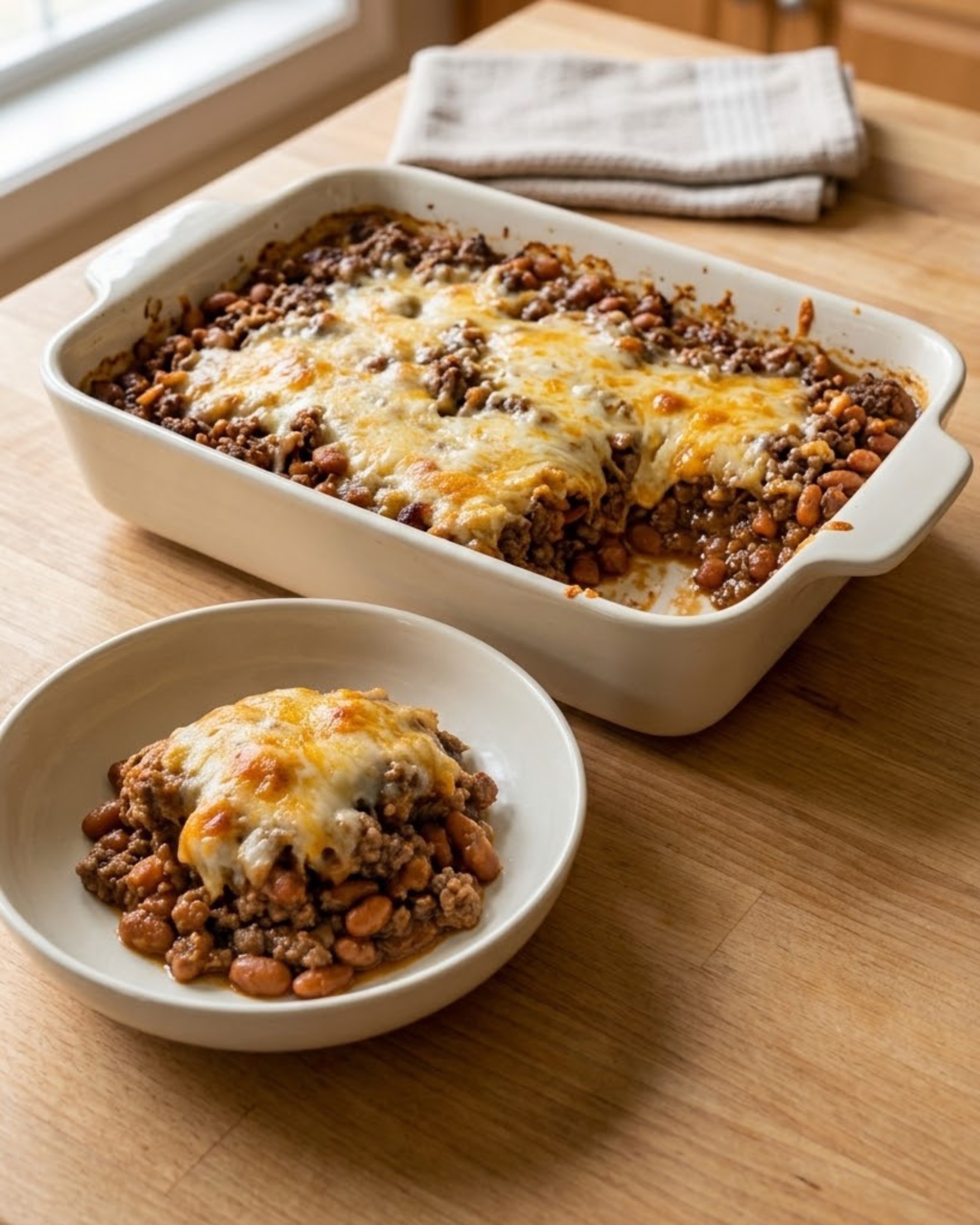 Homemade cheesy ground beef and bean casserole with browned beef, tender beans and melted golden cheese.