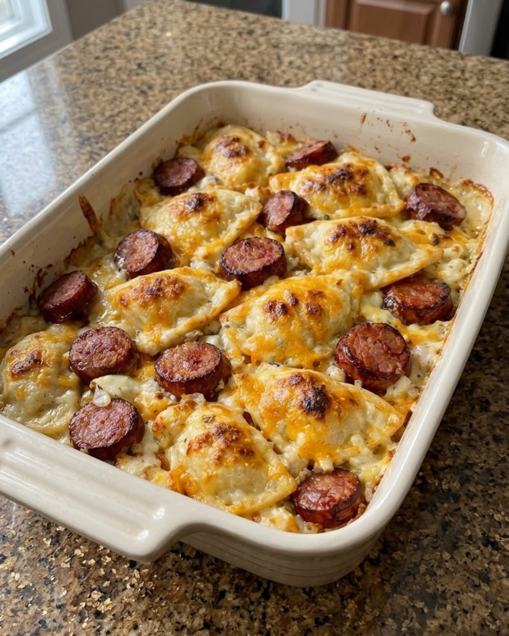 Cheesy pierogi and smoked sausage casserole with golden baked pierogies, browned sausage slices, and melted cheese.