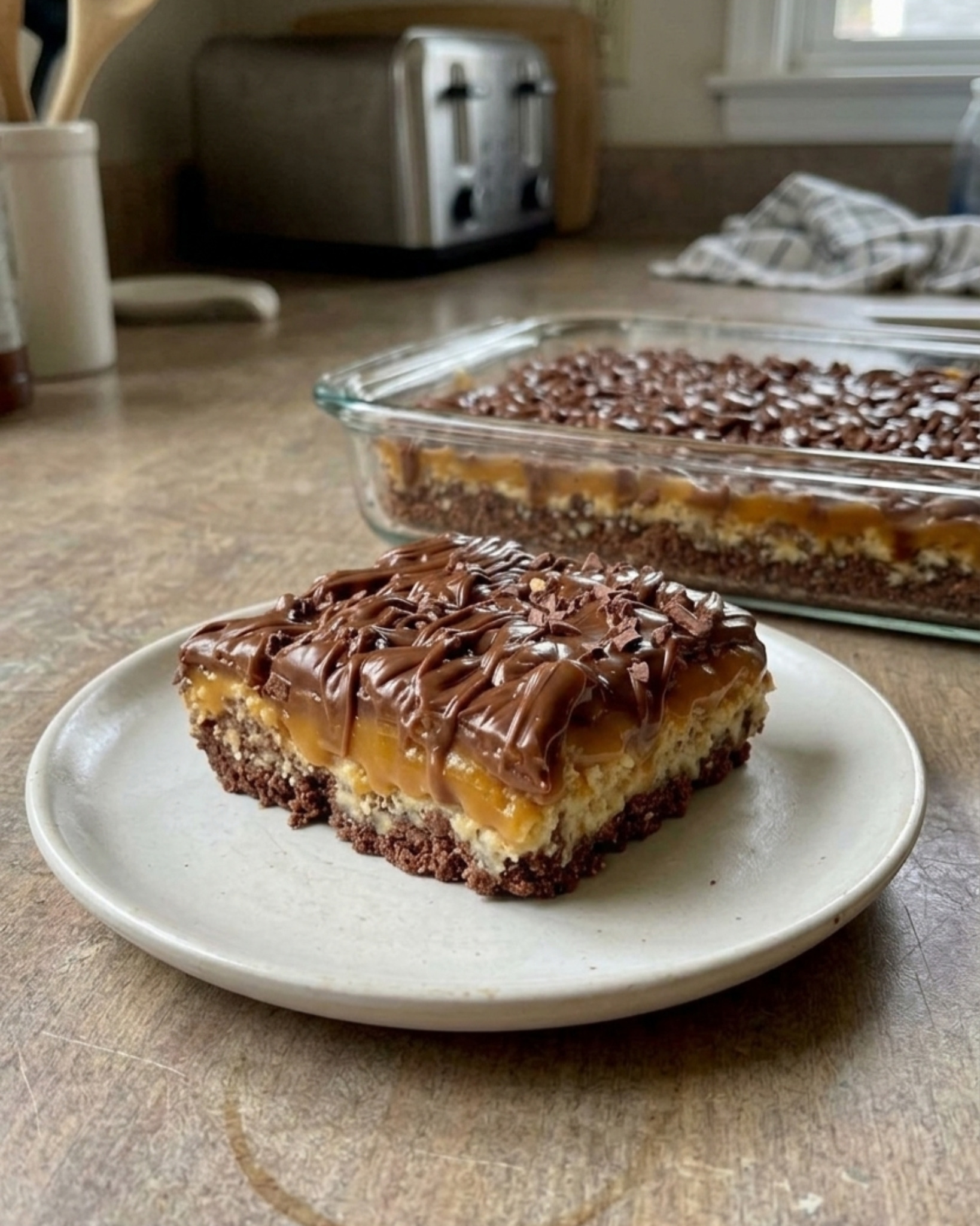Chocolate caramel cheesecake bars with a chocolate cookie crust, creamy cheesecake layer, caramel topping, and chocolate drizzle.