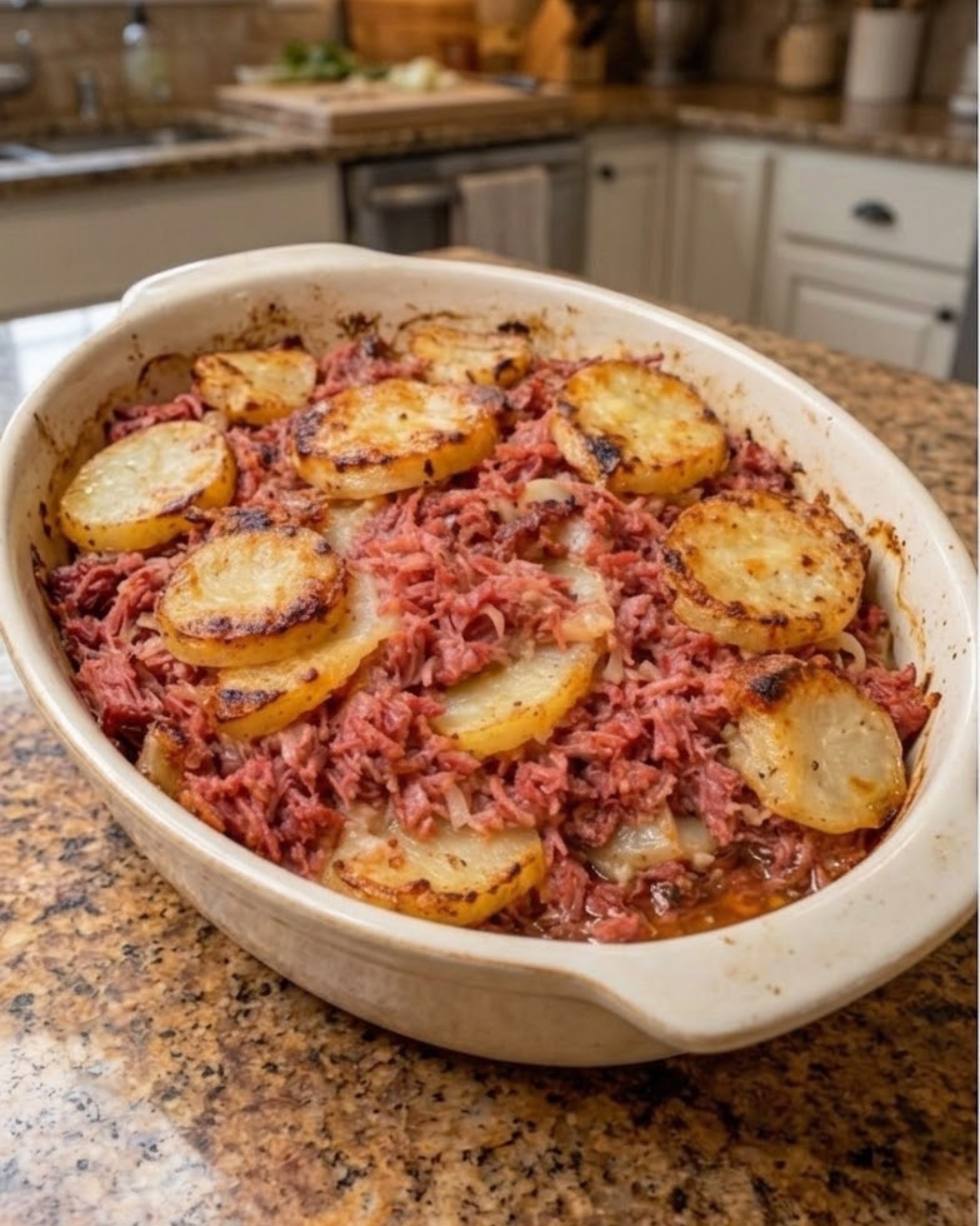Corned beef and potato bake with sliced golden potatoes, shredded corned beef, and onions baked in a casserole dish.