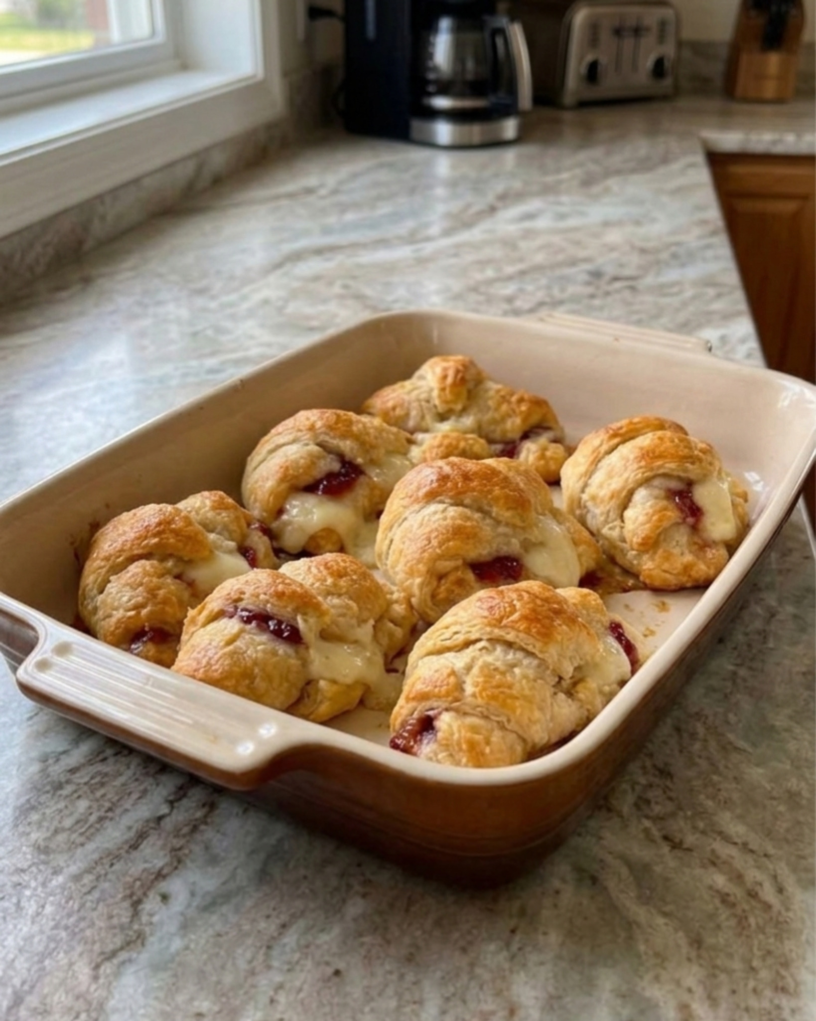 Homemade golden crescent rolls filled with melted cream cheese and red berry preserves.