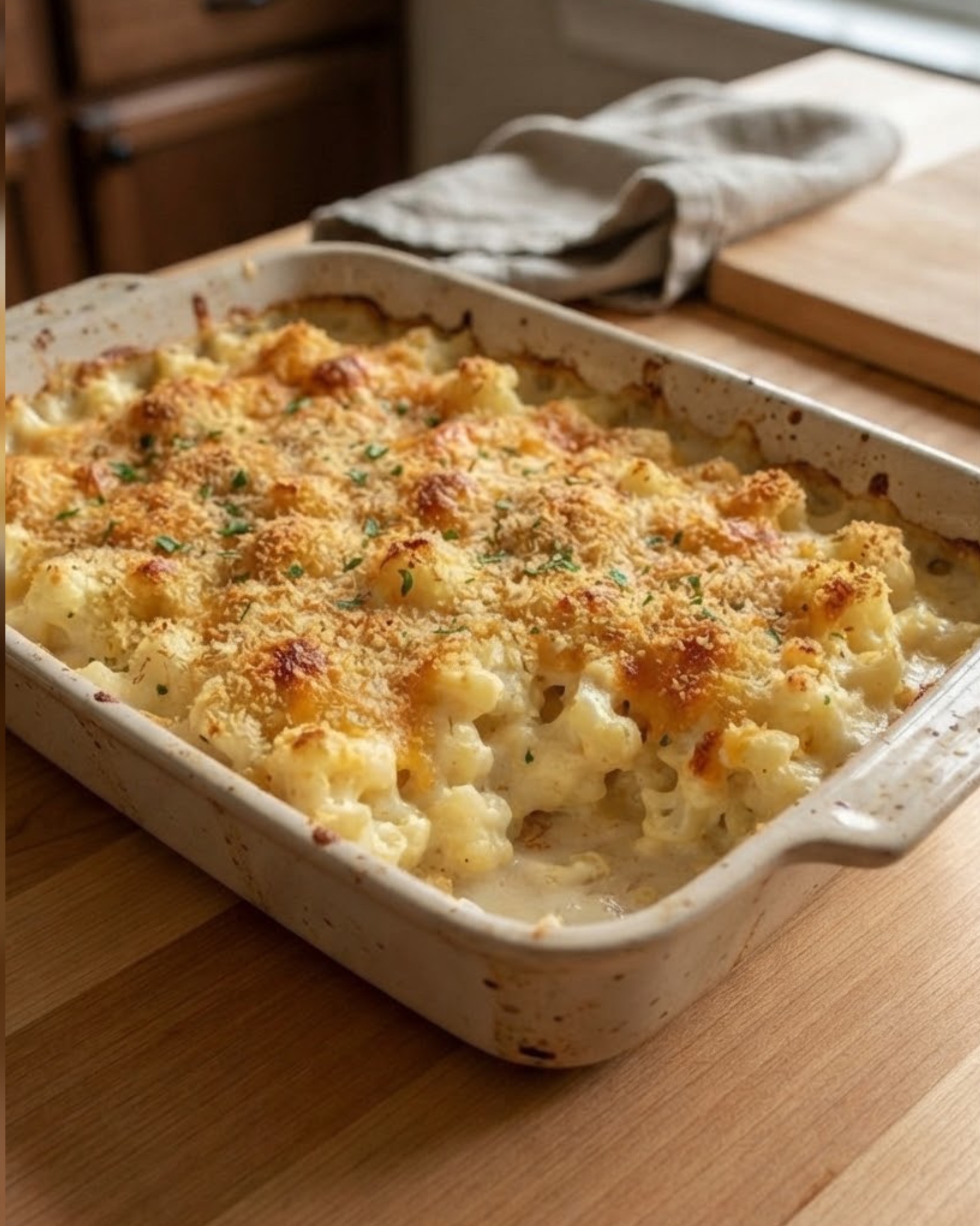 Homemade creamy cheesy cauliflower casserole with tender cauliflower florets and a crispy golden-brown breadcrumb topping.