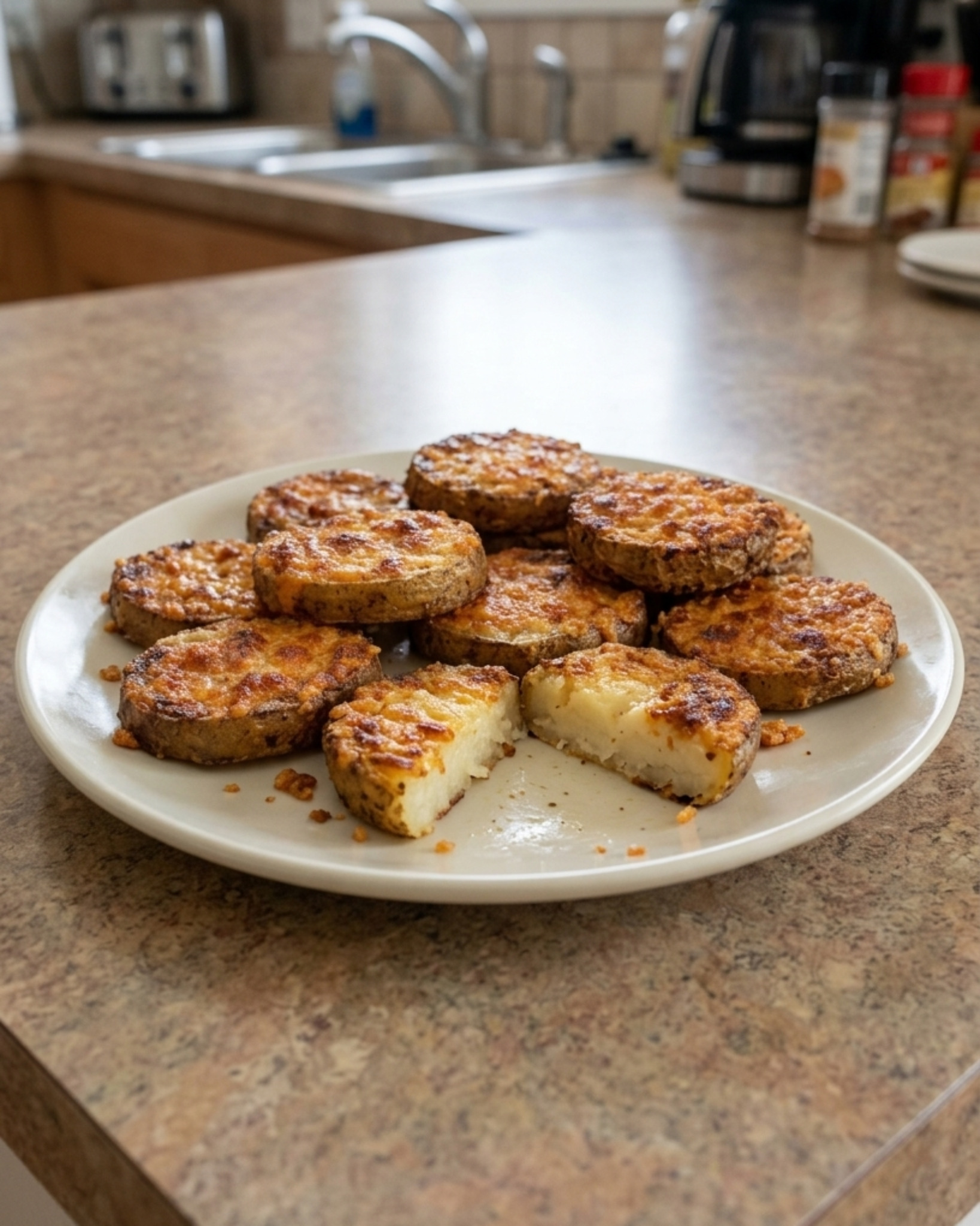 Crispy Parmesan potato rounds with golden cheesy crusts and tender centers served on a white plate.