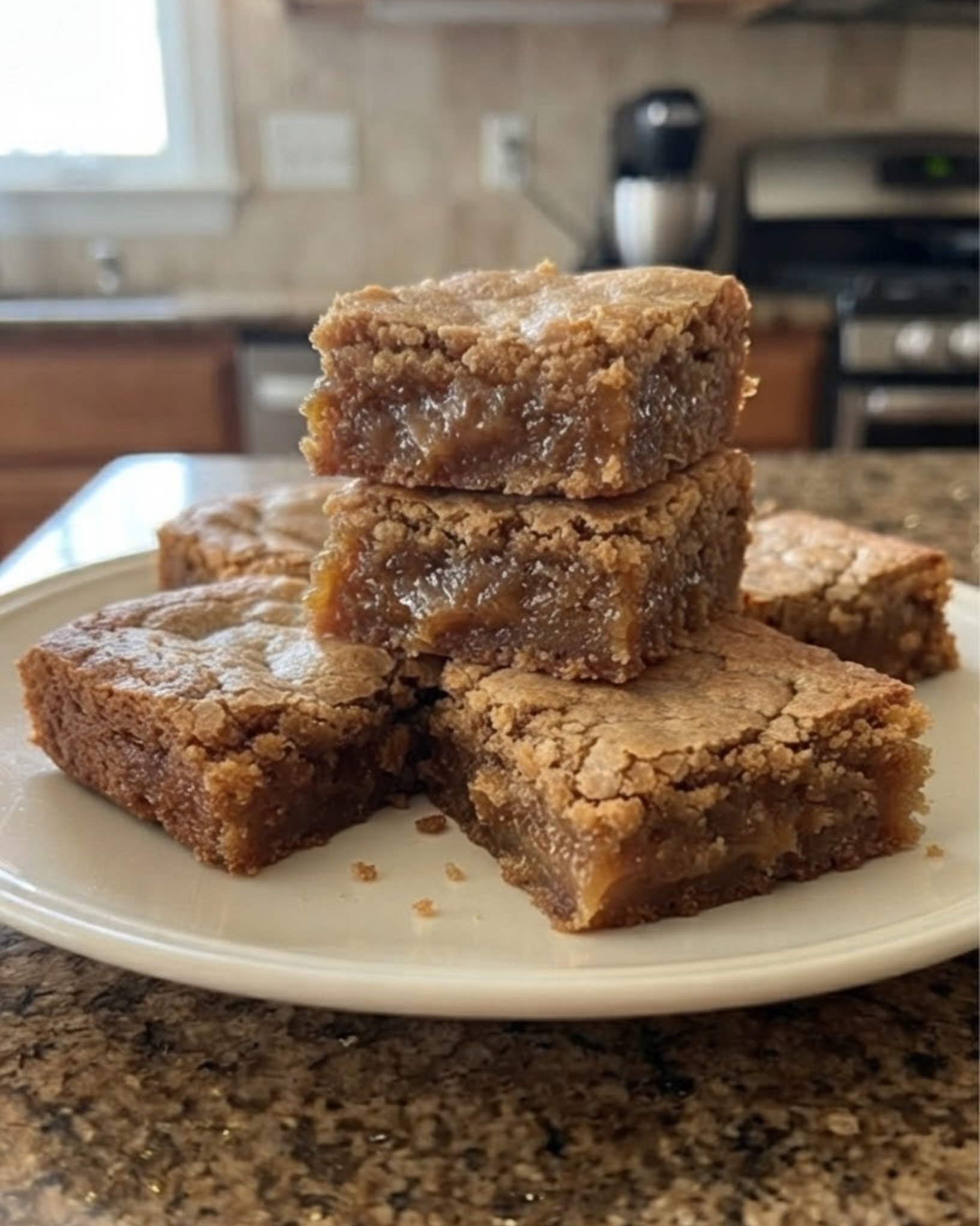 Homemade gooey brown sugar bars with a crackly golden-brown top and soft caramel-like center.