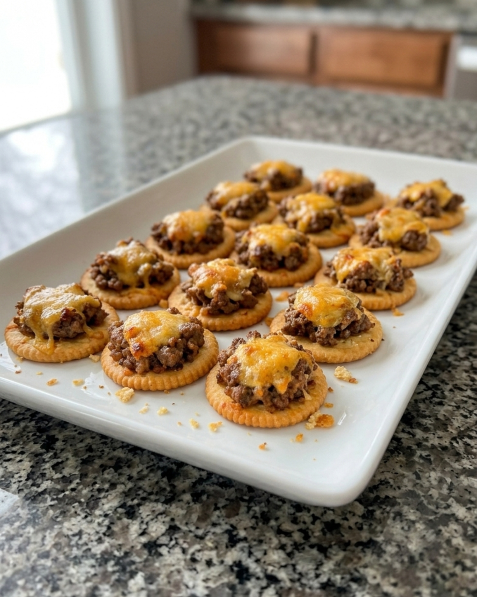 Cheesy beef cracker bites topped with seasoned ground beef and melted cheddar cheese on a serving platter.