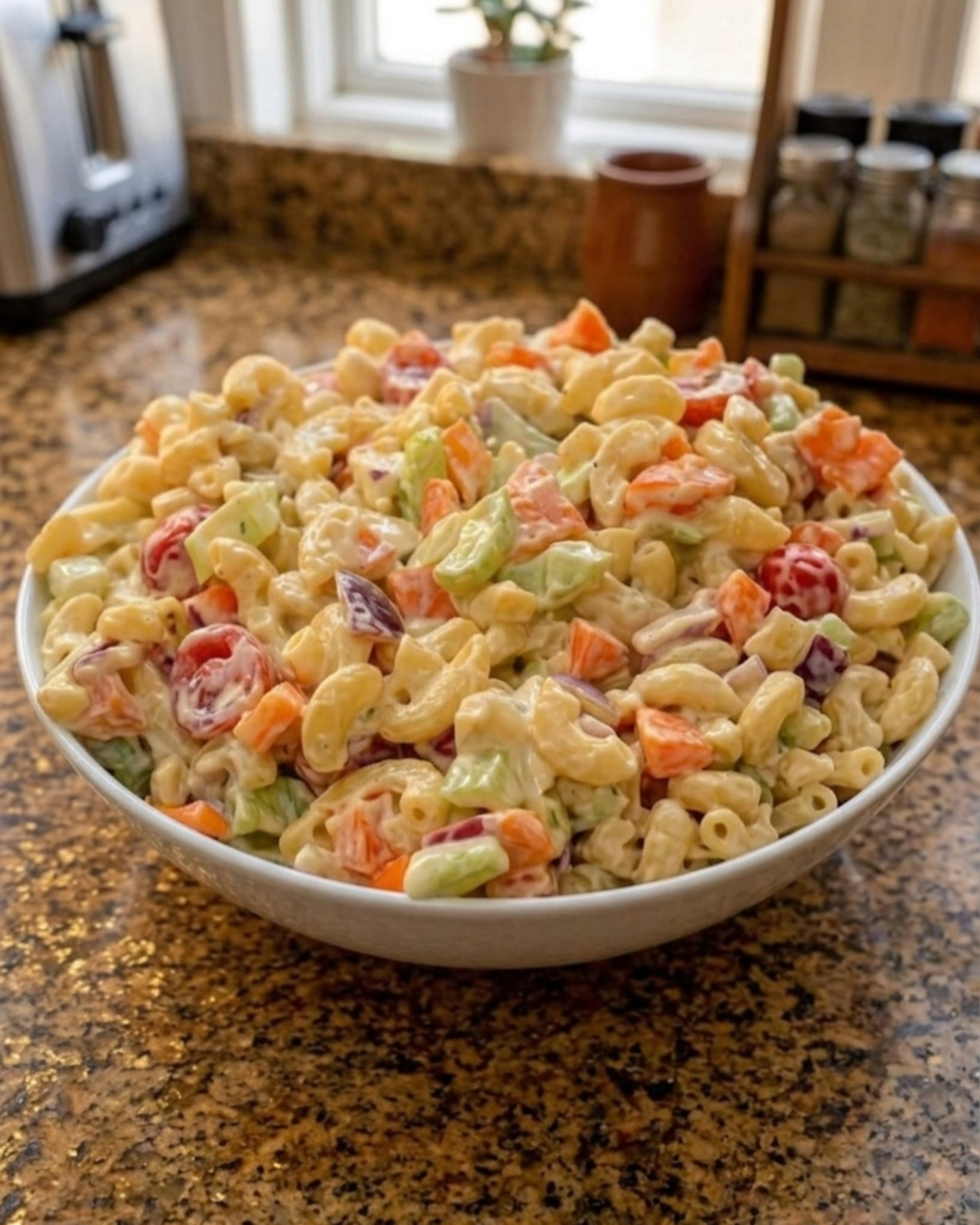 Creamy vegetable macaroni salad with elbow pasta, celery, carrots, cherry tomatoes, and red onion in a white serving bowl.