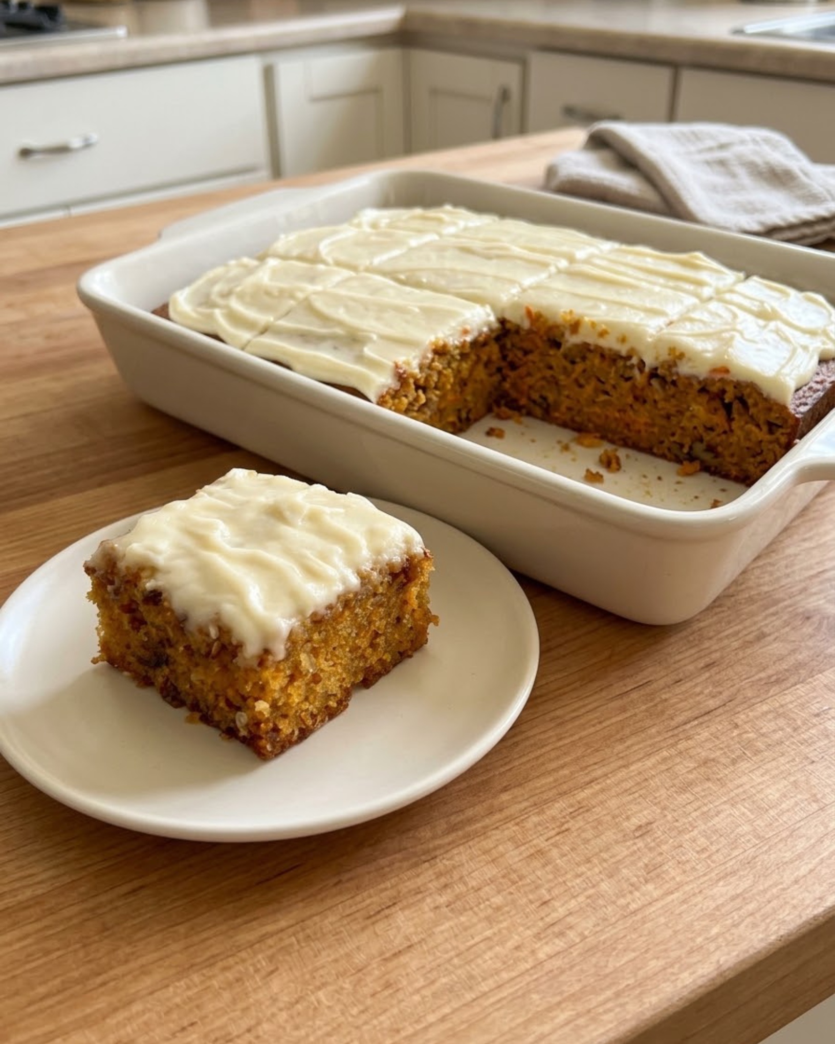 Homemade moist carrot cake bars with shredded carrots, nuts and creamy cream cheese frosting.