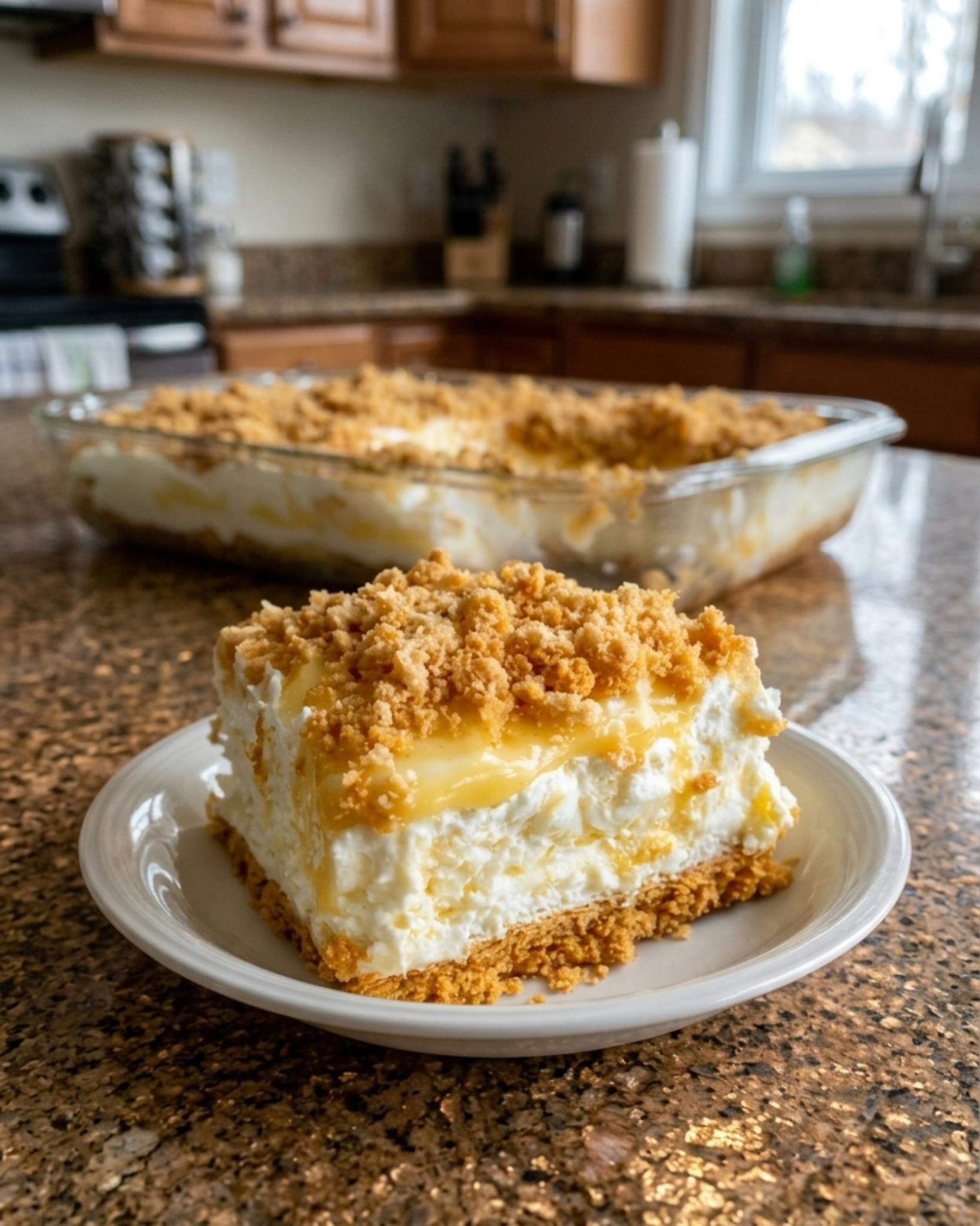 Homemade no-bake lemon cream dessert with graham cracker crust, fluffy cream filling, lemon layer and golden crumb topping.