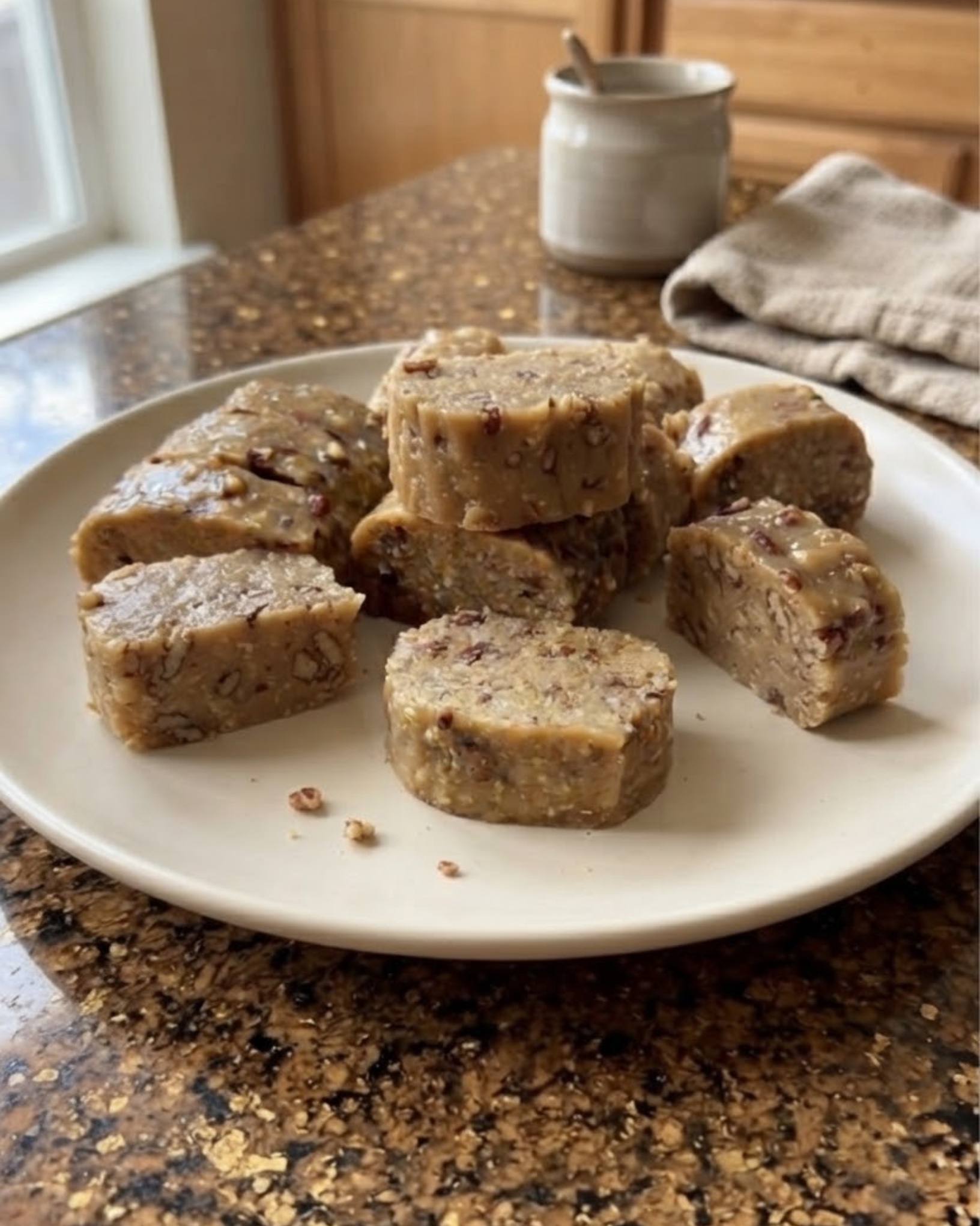 Homemade pecan praline candy with a rich brown sugar center and toasted pecan pieces throughout.