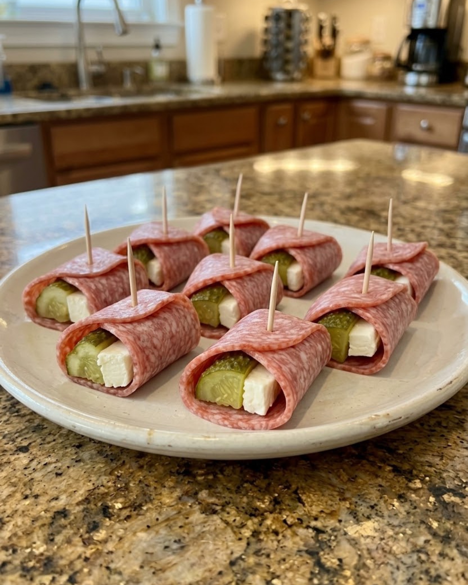 Homemade salami pickle and cream cheese bites wrapped in sliced salami and secured with wooden toothpicks.