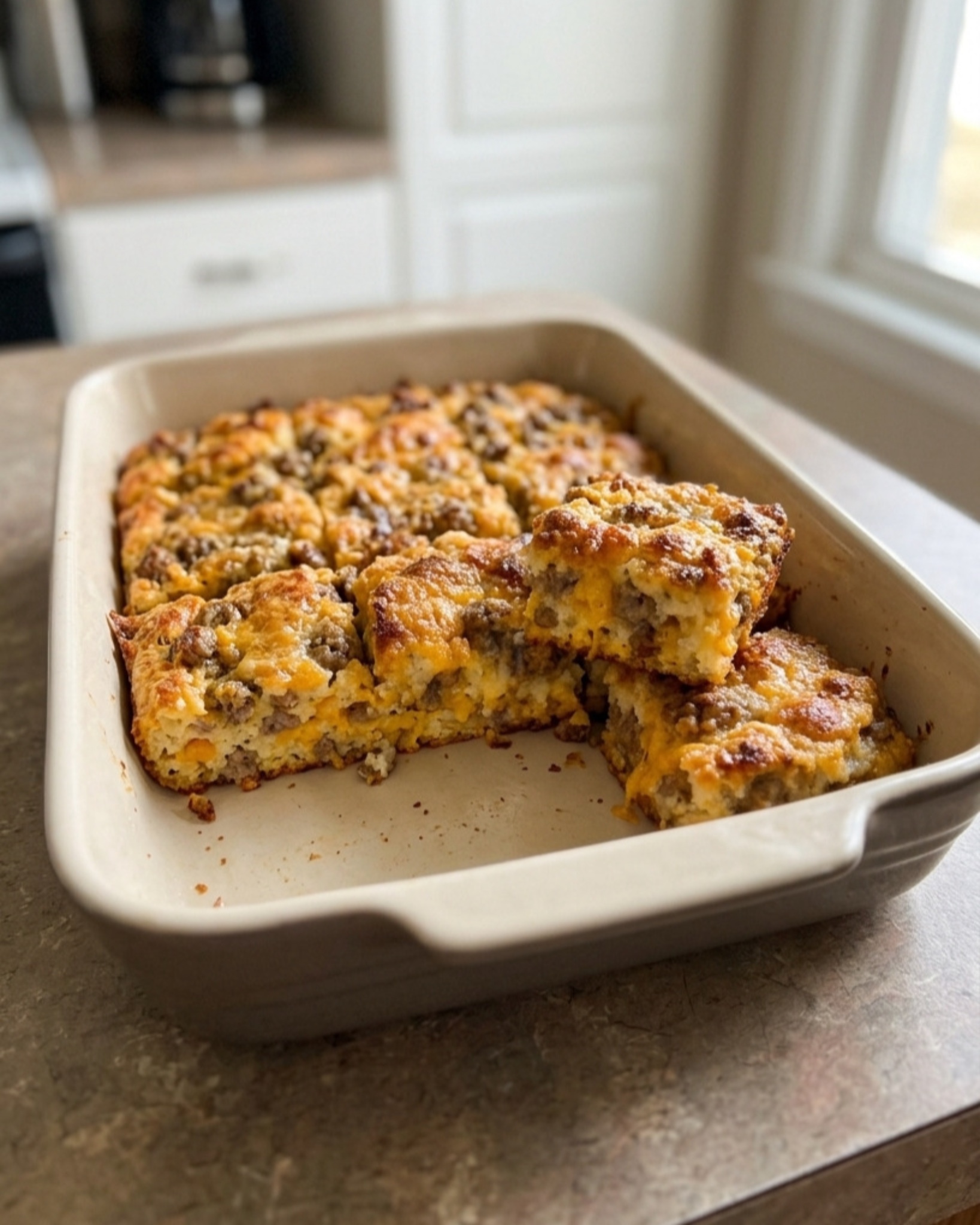 Sausage and cheddar breakfast squares baked with eggs, breakfast sausage, and melted cheddar cheese in a casserole dish.