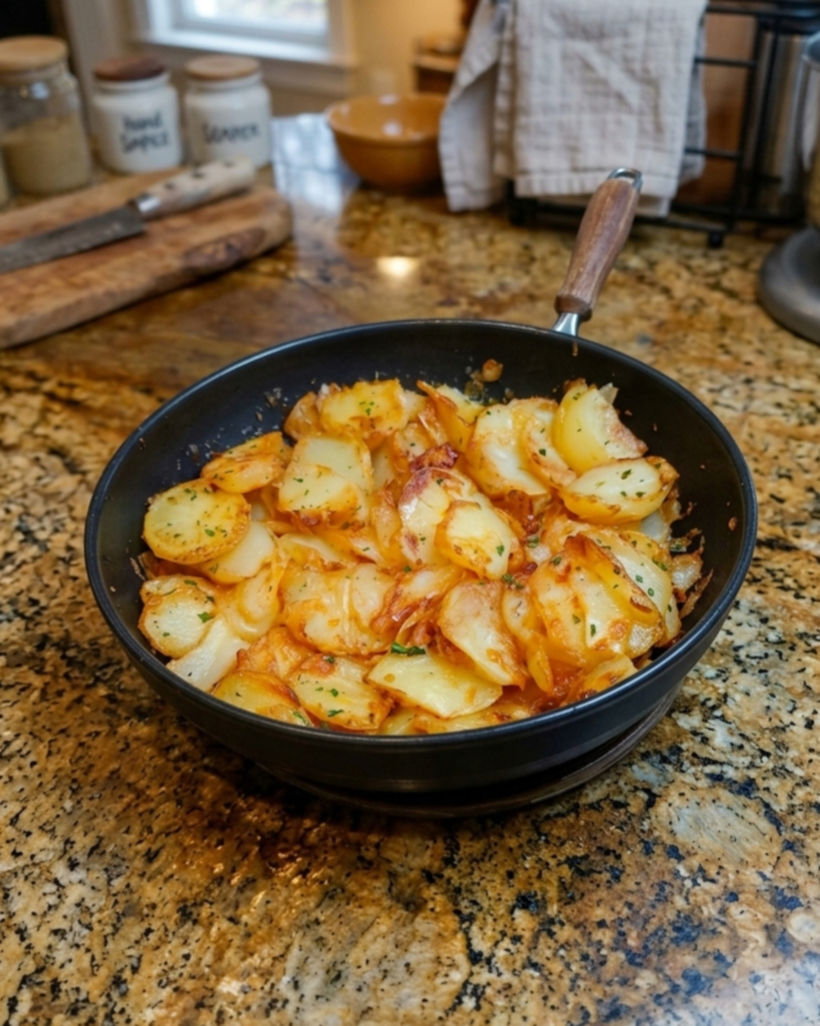 Golden skillet potatoes and onions with crispy edges, herbs, and tender caramelized onions cooked in a black skillet.