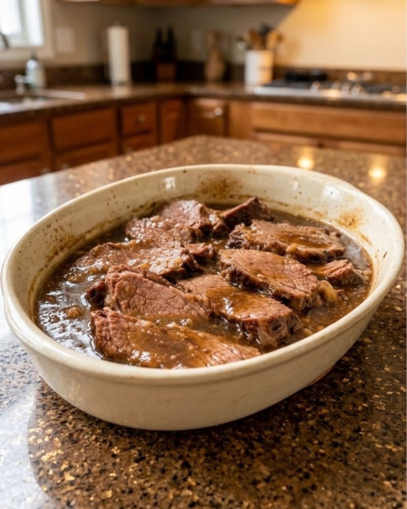 Tender slow-cooked beef slices served in rich homemade brown onion gravy in a ceramic baking dish.