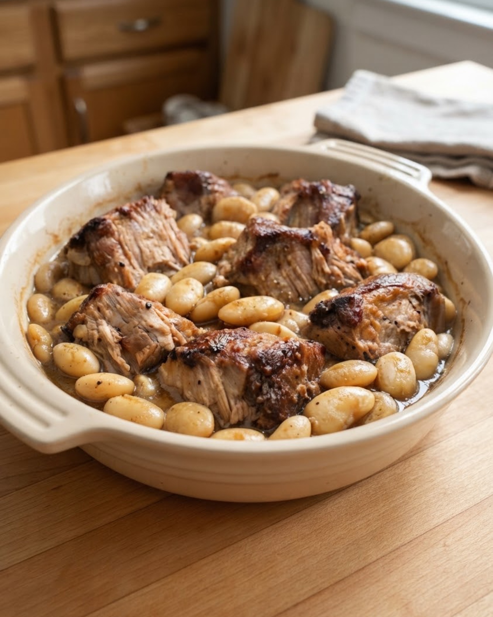 Tender slow cooker beef and butter beans in a rich savory brown gravy, served as a hearty homemade dinner.