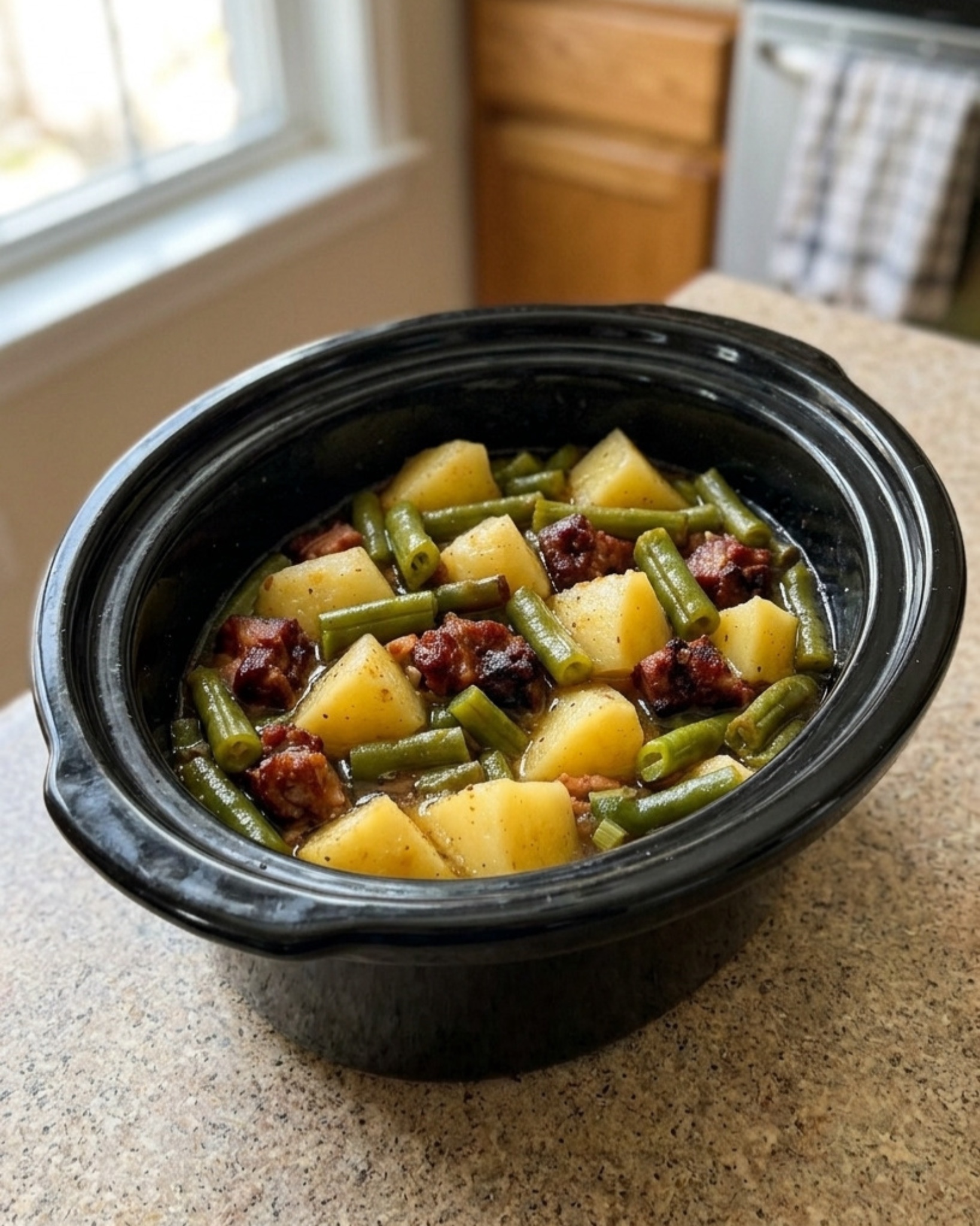 Slow cooker green beans, potatoes and bacon with tender potato chunks, green beans, and crispy bacon in a savory broth.