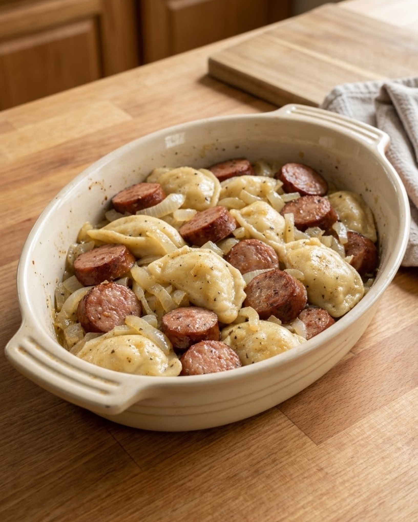 Homemade slow cooker pierogies and kielbasa with tender onions and lightly browned potato-and-cheese pierogies.