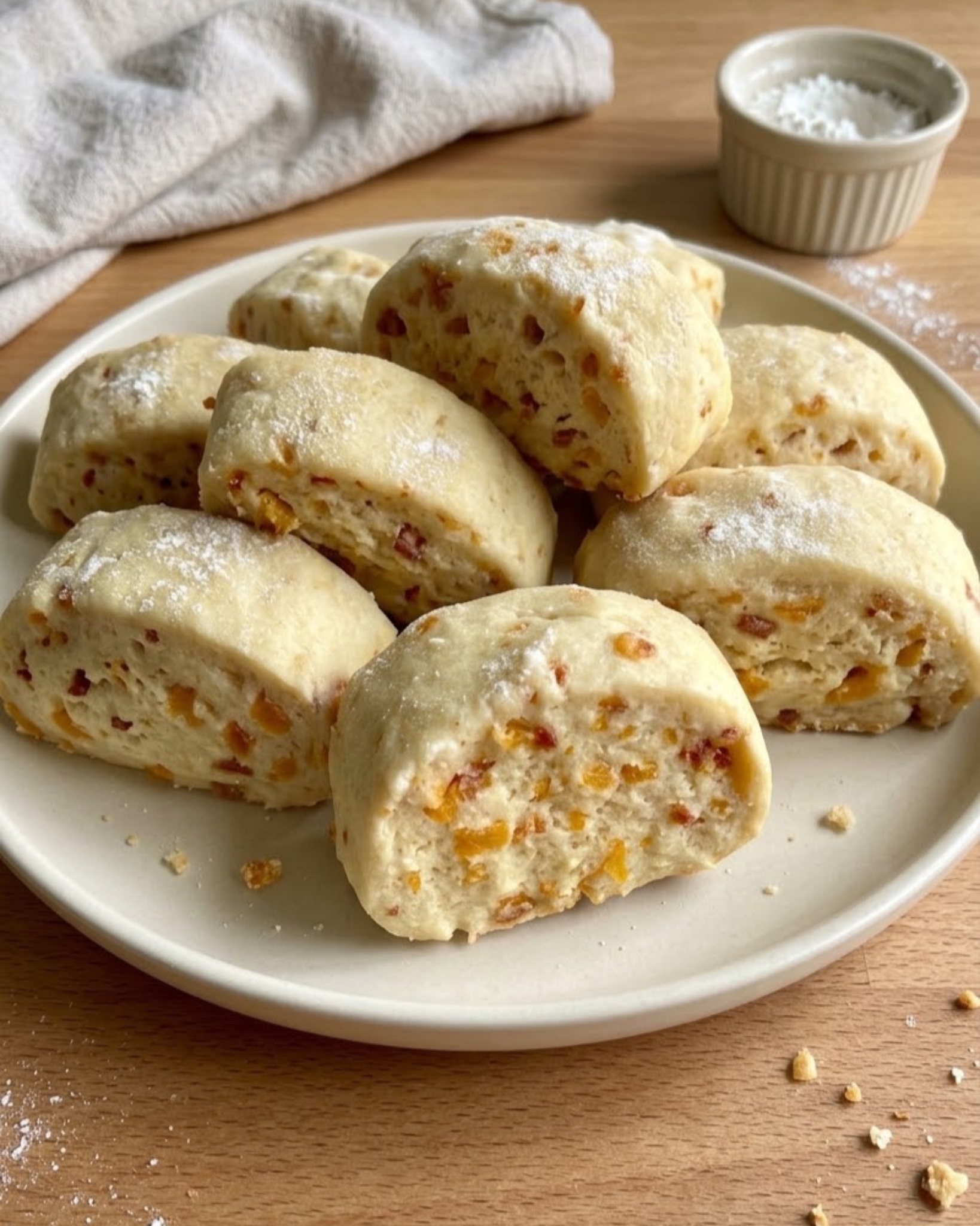 Cheddar bacon buttermilk biscuits with soft flaky centers, melted cheddar, and crispy bacon pieces served on a white plate.