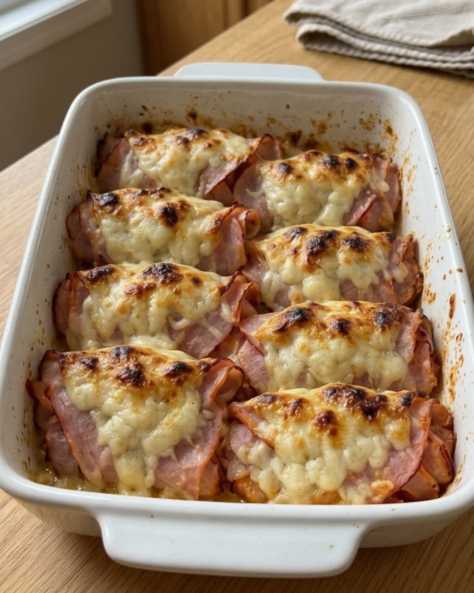 Eight folded ham roll-ups topped with melted golden-brown cheese in a ceramic baking dish.