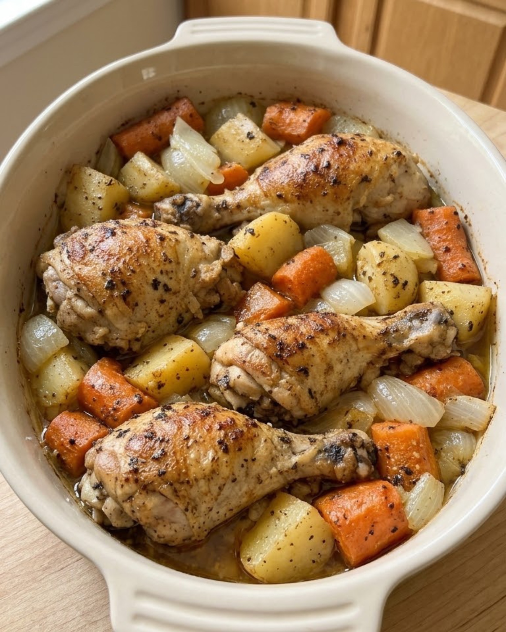 Golden-brown chicken drumsticks with potatoes, carrots and onions in savory cooking juices.