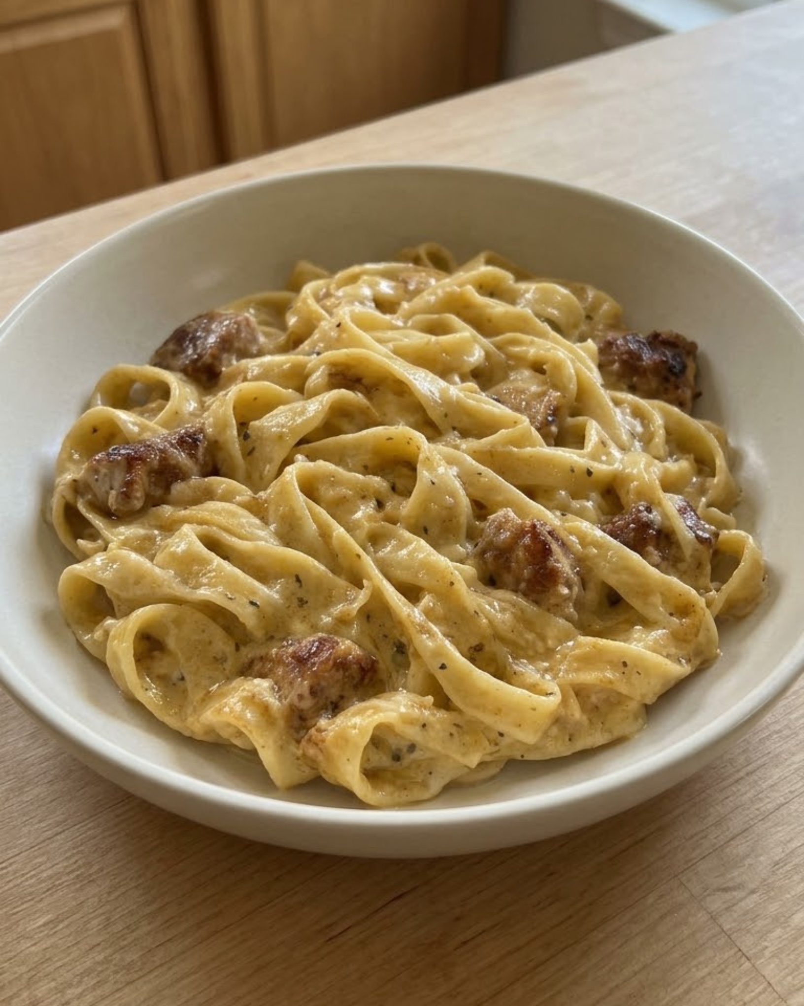 Creamy fettuccine pasta with browned chicken pieces and golden sauce served in a white ceramic bowl.