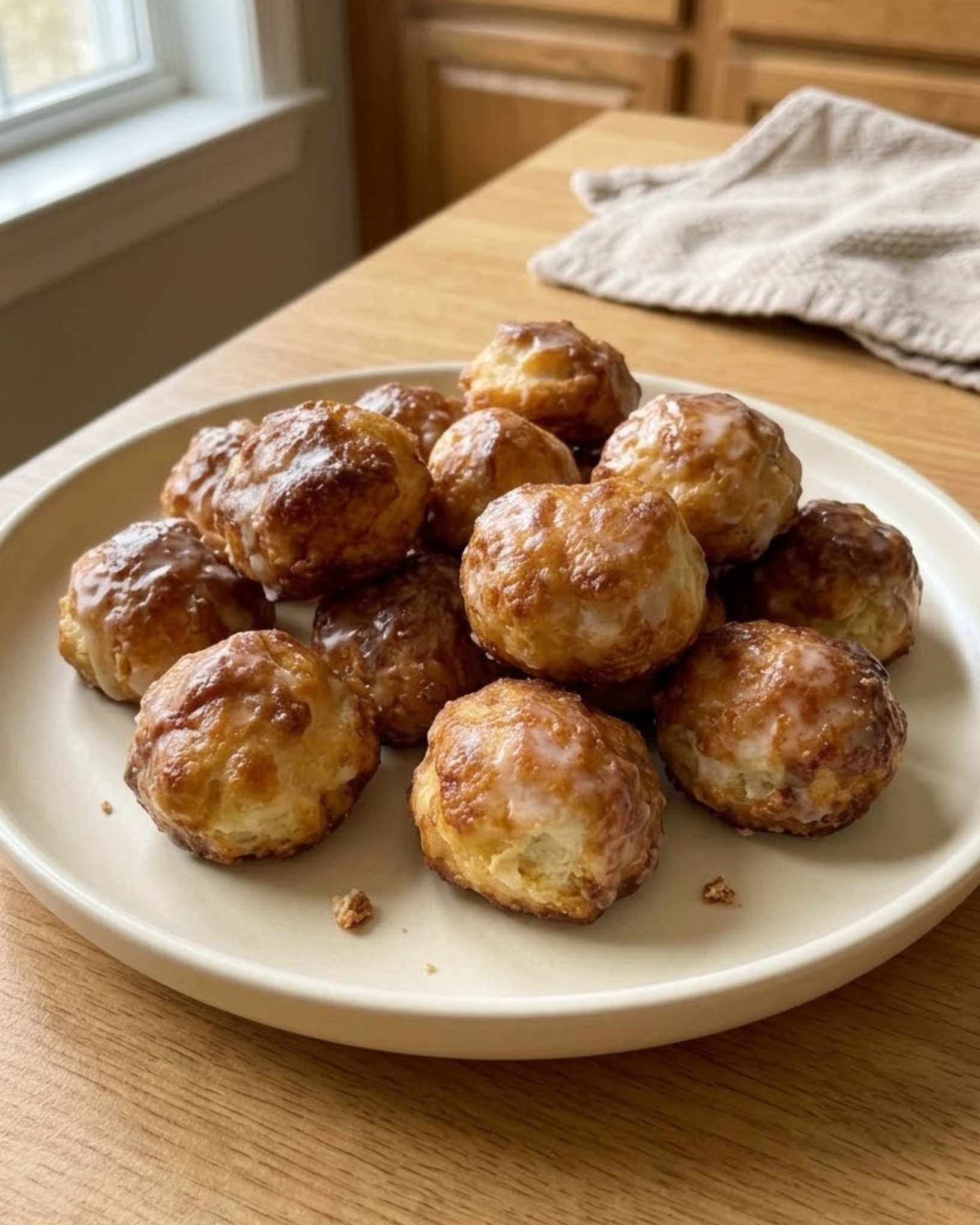 Small golden-brown homemade dough bites with a thin sugar glaze arranged on a cream ceramic plate.