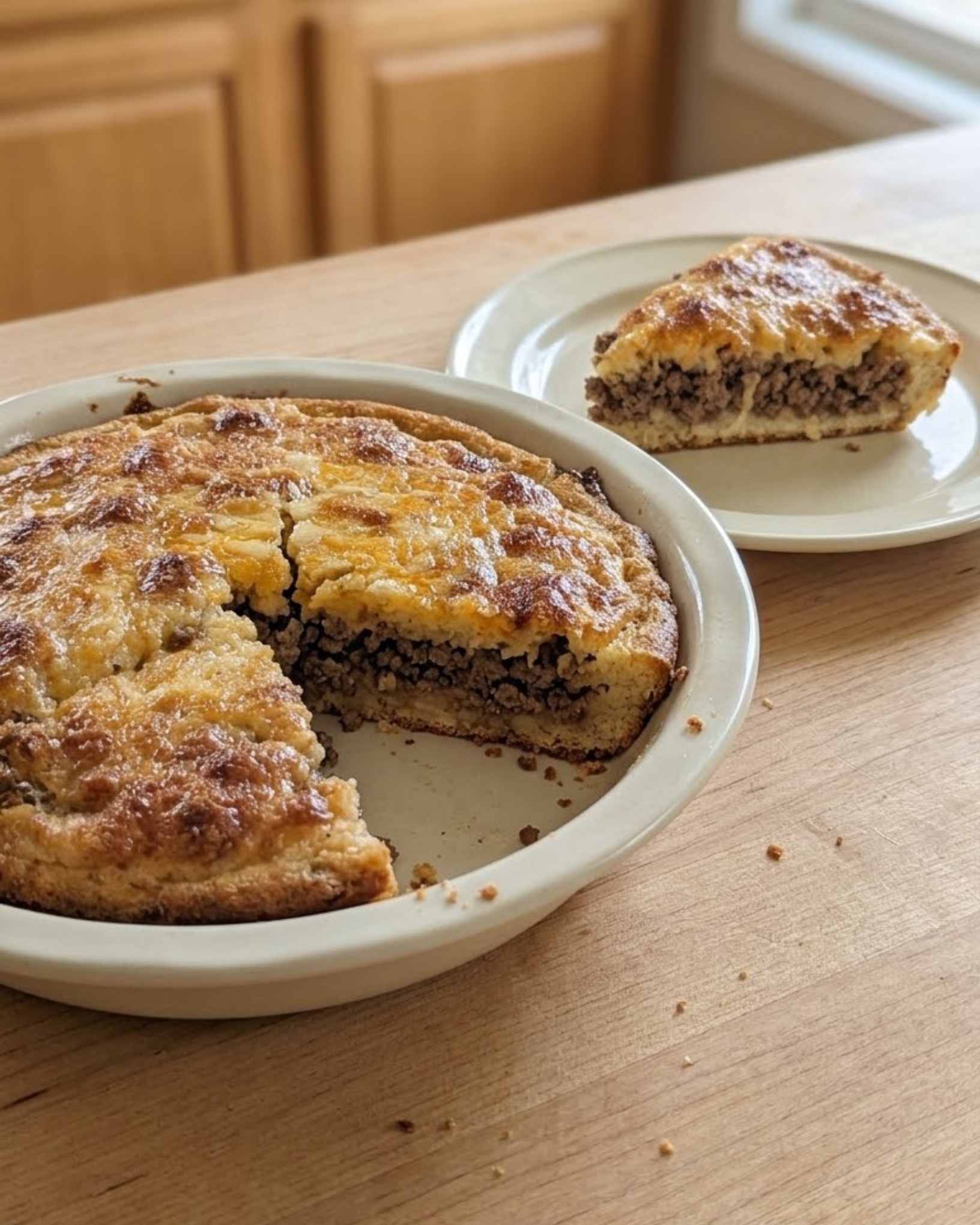 Homemade ground beef pie with golden baked crust and savory ground beef filling, with one slice served on a plate.