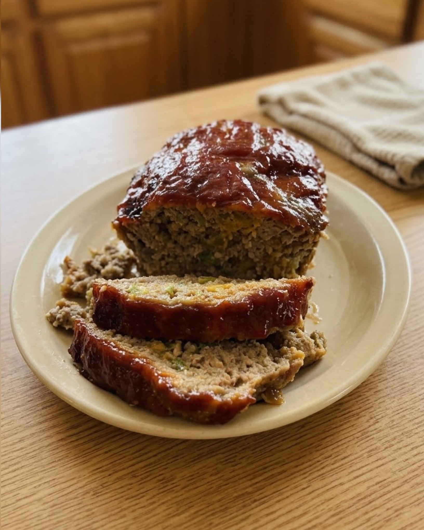 Classic glazed meatloaf with a glossy ketchup topping, sliced and served on a beige plate.