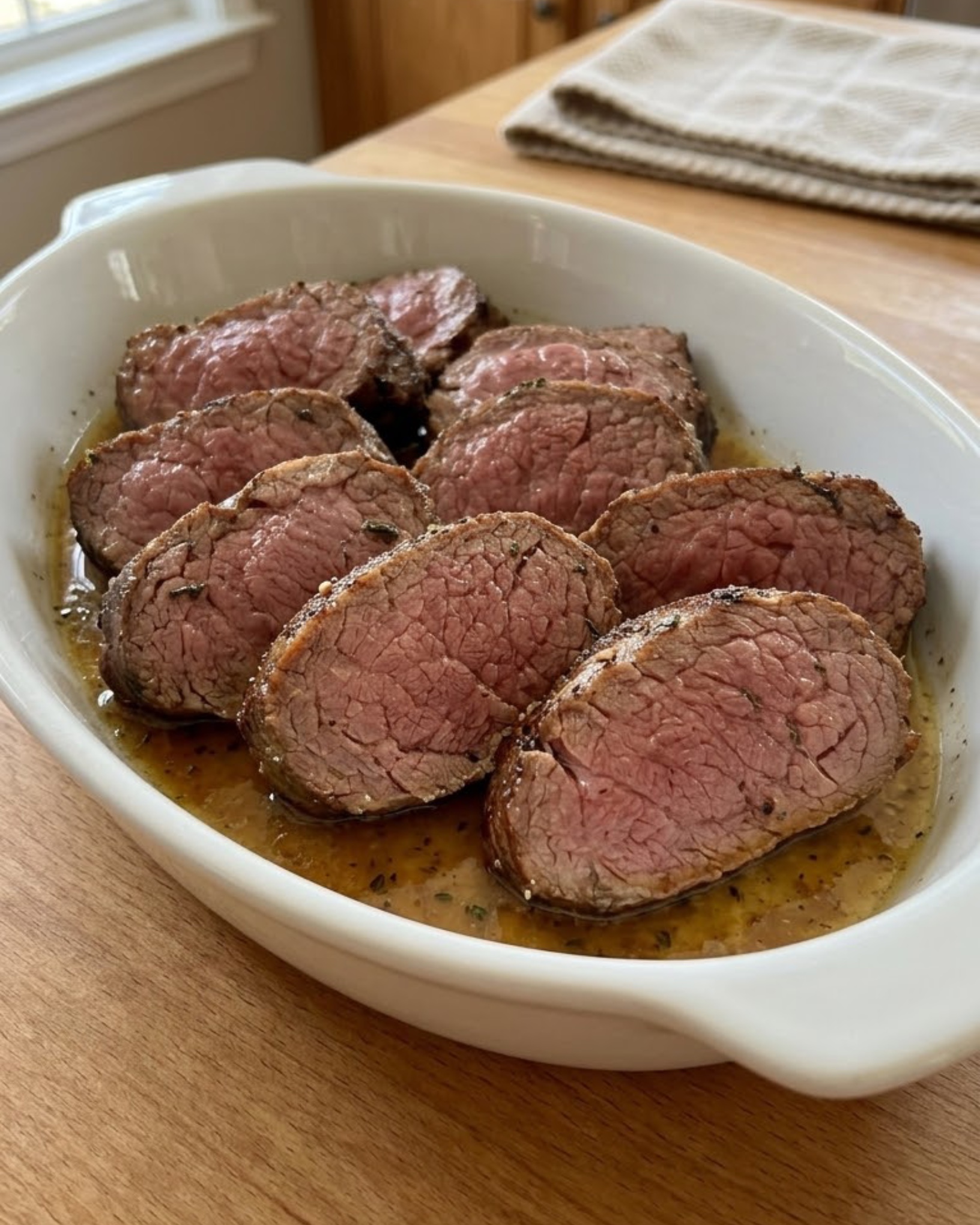 Thick slices of pink-centered roasted beef with browned edges in a golden garlic butter sauce.