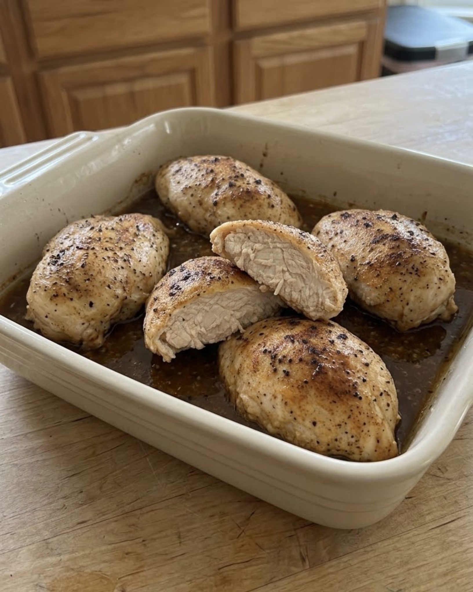 Golden-brown baked chicken breasts in savory pan juices, with one piece cut open to reveal the white interior.