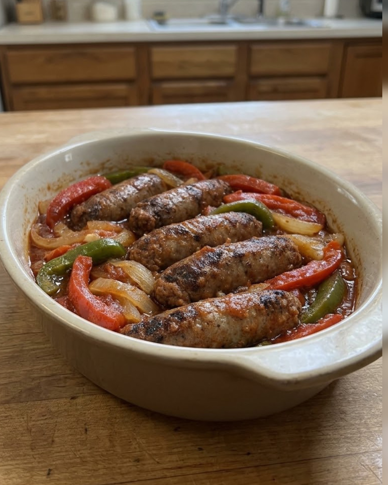Five browned sausages with red and green bell peppers and tender onions in a rich savory sauce.