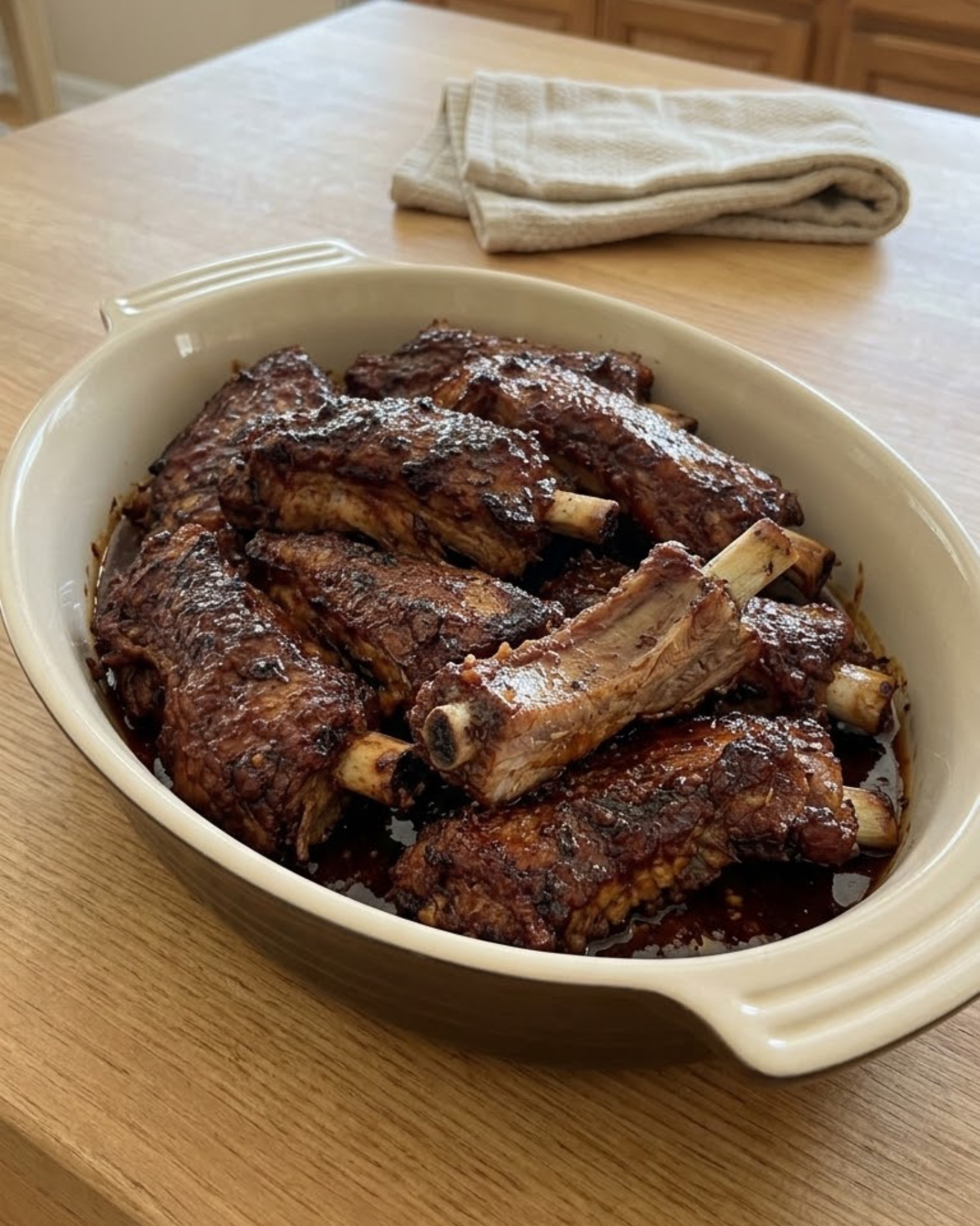 Slow-cooked bone-in ribs coated in a rich reddish-brown barbecue sauce, arranged in an ivory ceramic serving dish.