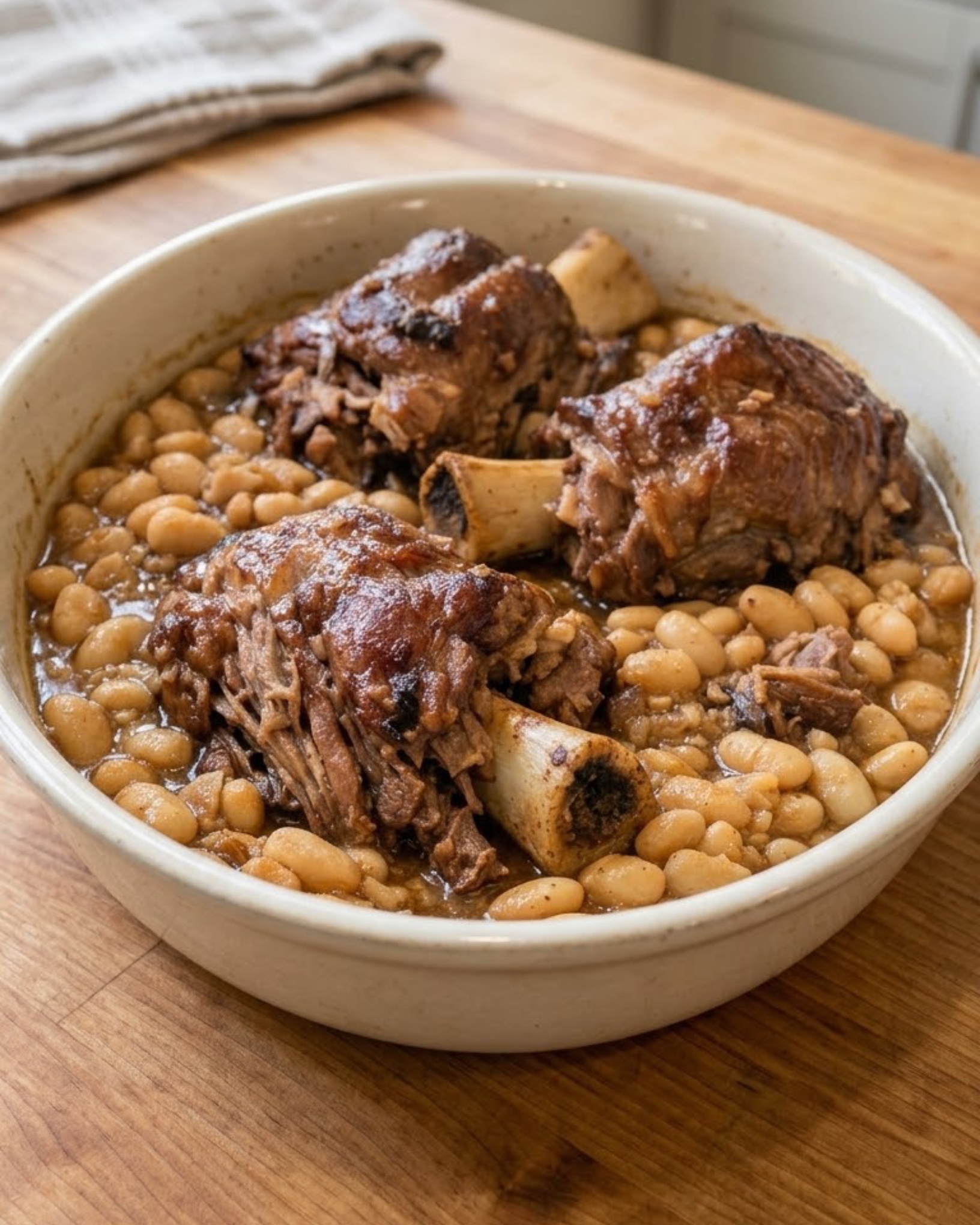 Tender slow cooker beef shanks with exposed marrow bones, creamy white beans, and rich brown gravy in a ceramic casserole dish.