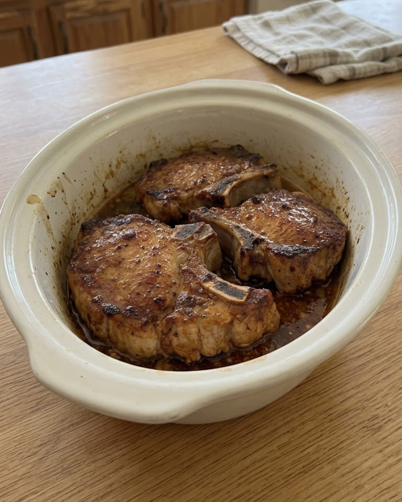 Three browned bone-in pork chops in rich brown gravy inside a cream ceramic cooking dish. Three browned bone-in pork chops in rich brown gravy inside a cream ceramic cooking dish.